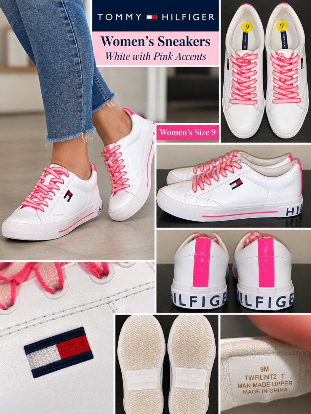 Tommy Hilfiger Women’s White Pink Lace Sneakers Size 9 Logo Low Top